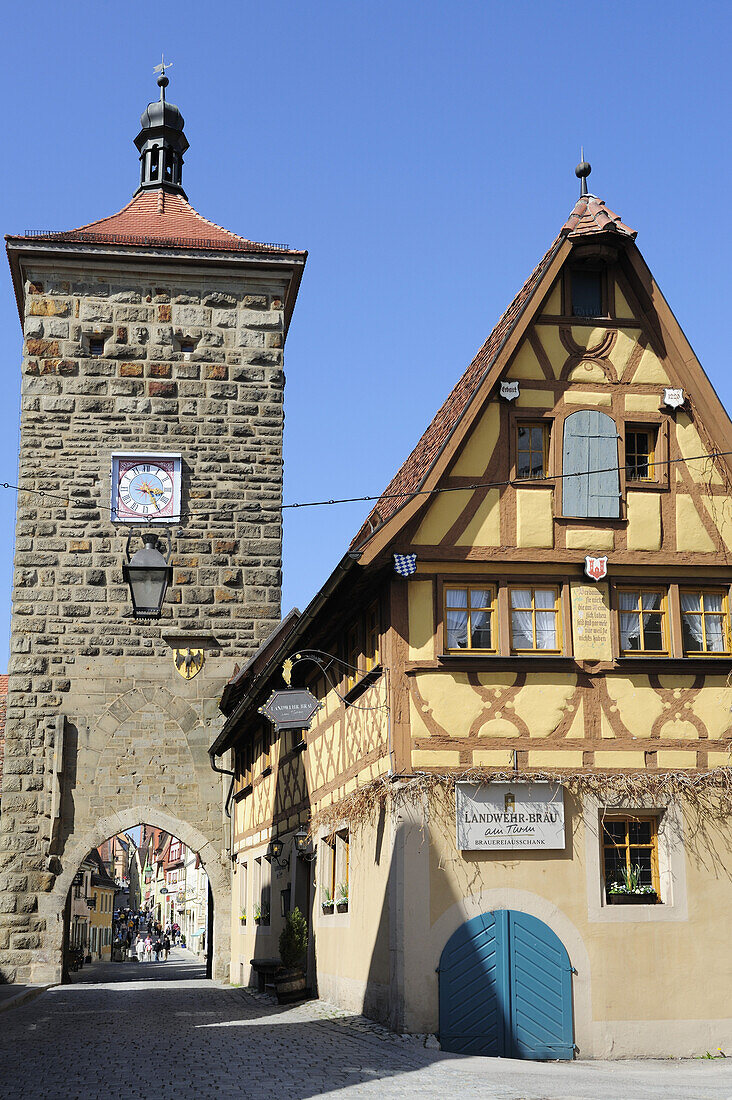 Plönlein mit Sieberstor und Fachwerkhaus, Rothenburg ob der Tauber, Bayern, Deutschland