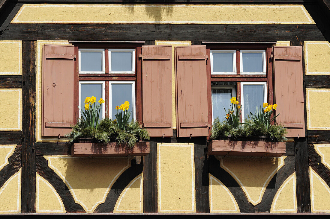 Windows of a half-timbered house, Dinkelbuehl, Bavaria, Germany