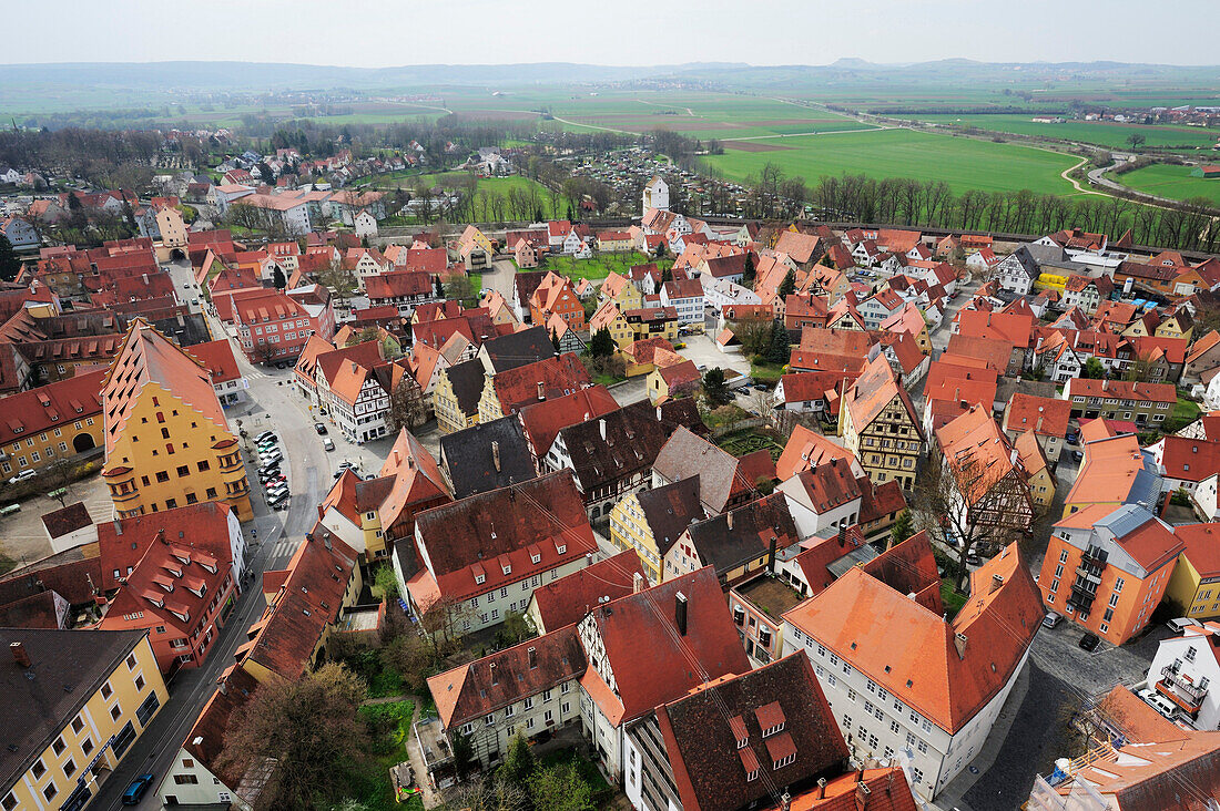 High angle view of Noerdlingen, view from the tower, Noerdlingen, Donau Ries, Bavaria, Germany