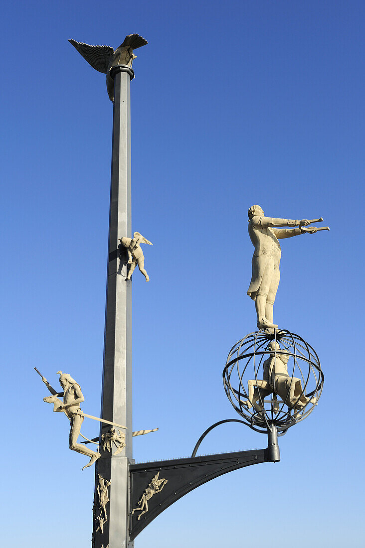 Sculpture at Meersburg harbour,Mesmer und seine Widersacher, Meersburg, lake Constance, Baden-Wuerttemberg, Germany