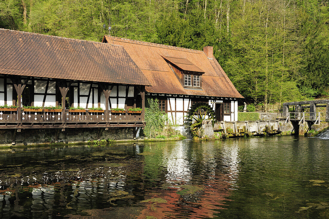 Water mill at Blautopf, Spring and source of the river blau, Blaubeuren, Alb-Donau-Kreis, Bavaria, Germany