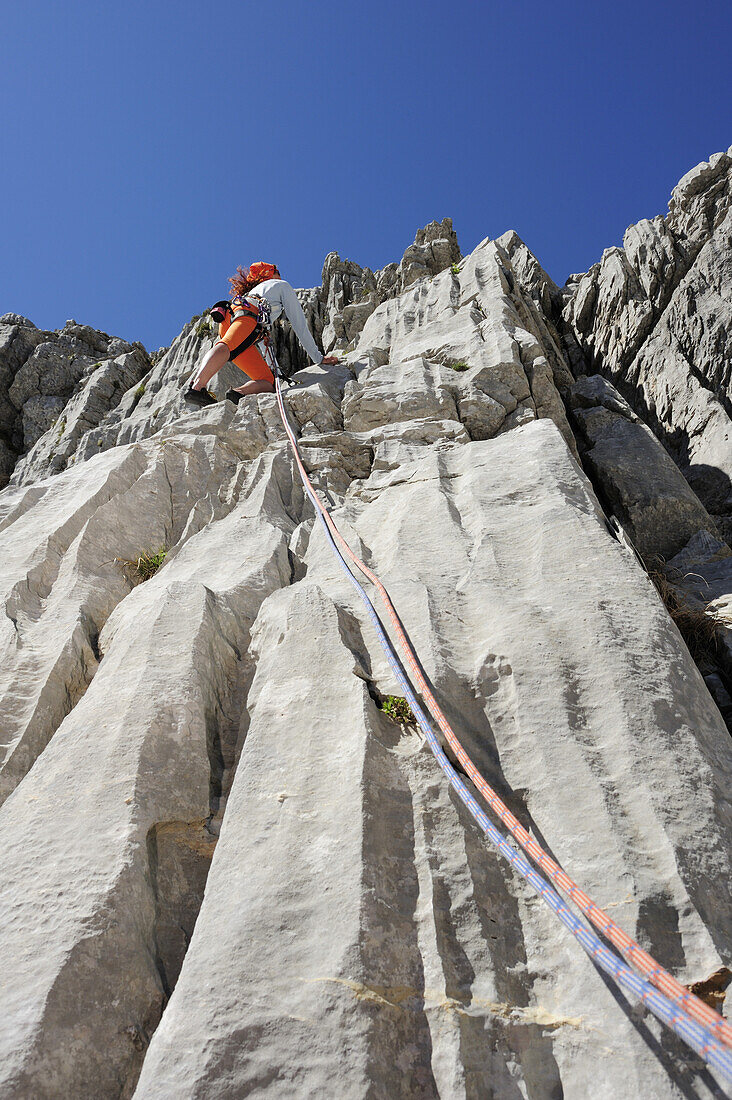 Frau klettert an Felswand, nahe Rifugio Rossi, Pania della Croce, Toskana, Italien