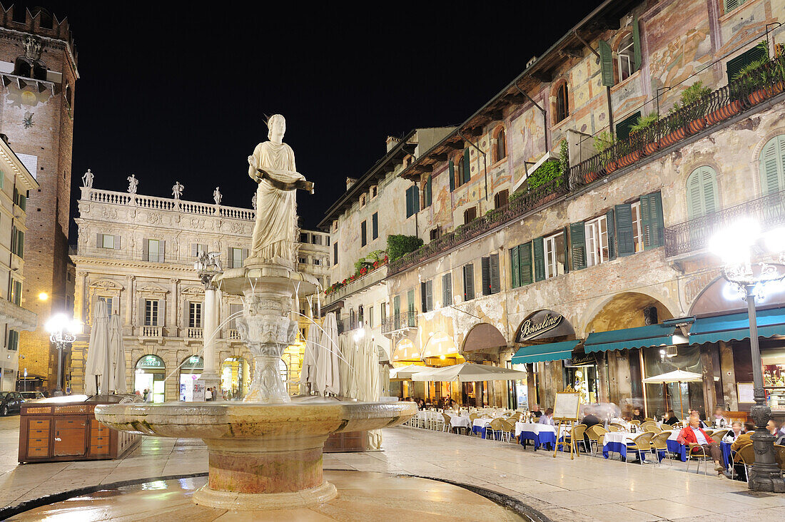 lluminated square, Piazza delle Erbe at night, UNESCO World Heritage Site, Verona, Venetia, Italy