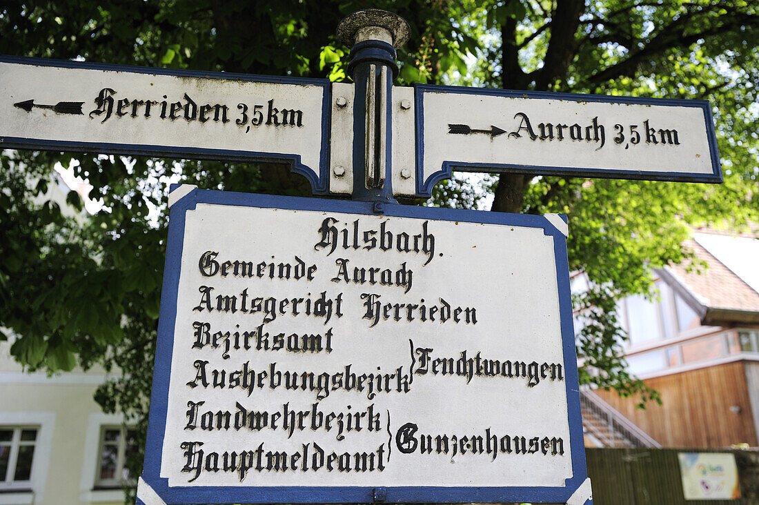 Old sign post, road sign, Altmuehltal cycle trail, Altmuehl valley, Hilsbach, Aurach, Bavaria, Germany