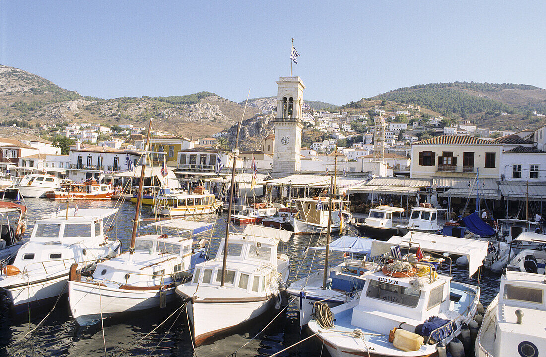 Boats in Hydra Harbour, Mediterranean Sea, Hydra island, Greece, Europe