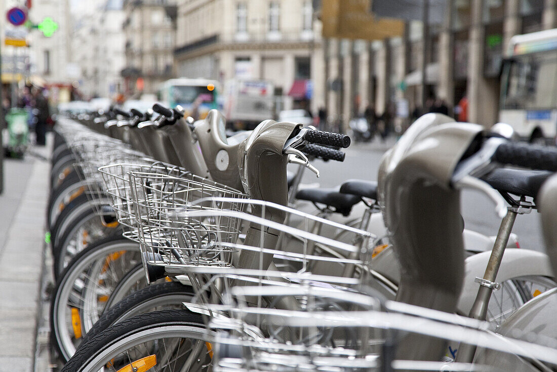 Bicycles at a public bike rental outlet at the city center, Paris, France, Europe