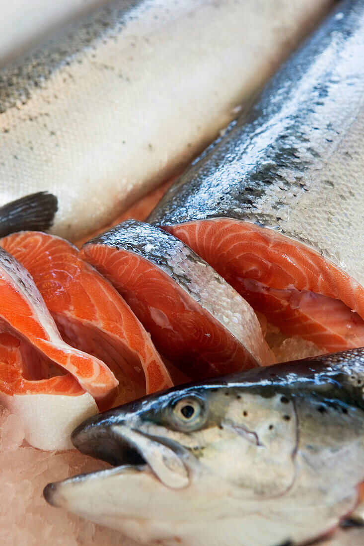 Close up of salmon on the Malmö fish market, Malmö, Skane, South Sweden, Sweden