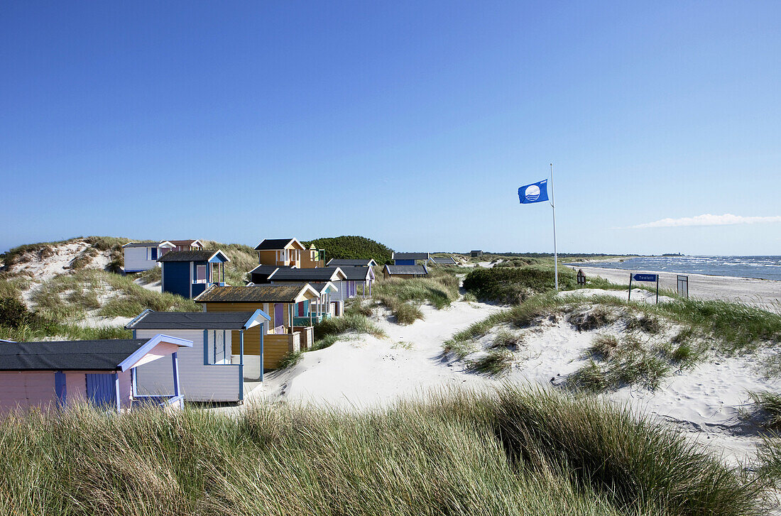 Strandhäuschen am Strand von Skanör, Skanör, Schonen, Südschweden, Schweden