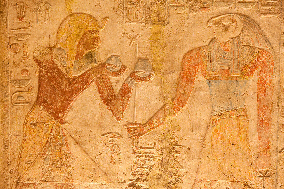 Relief in the vestibule inside the Temple of Mandulis in Kalabsha, Aswan, Egypt, Africa