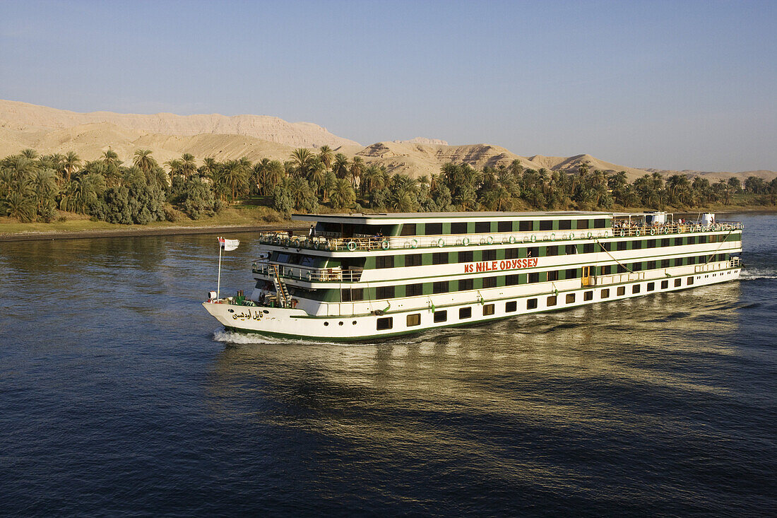 Cruise ship on river Nile between Edfu and Kom Ombo, Egypt, Africa