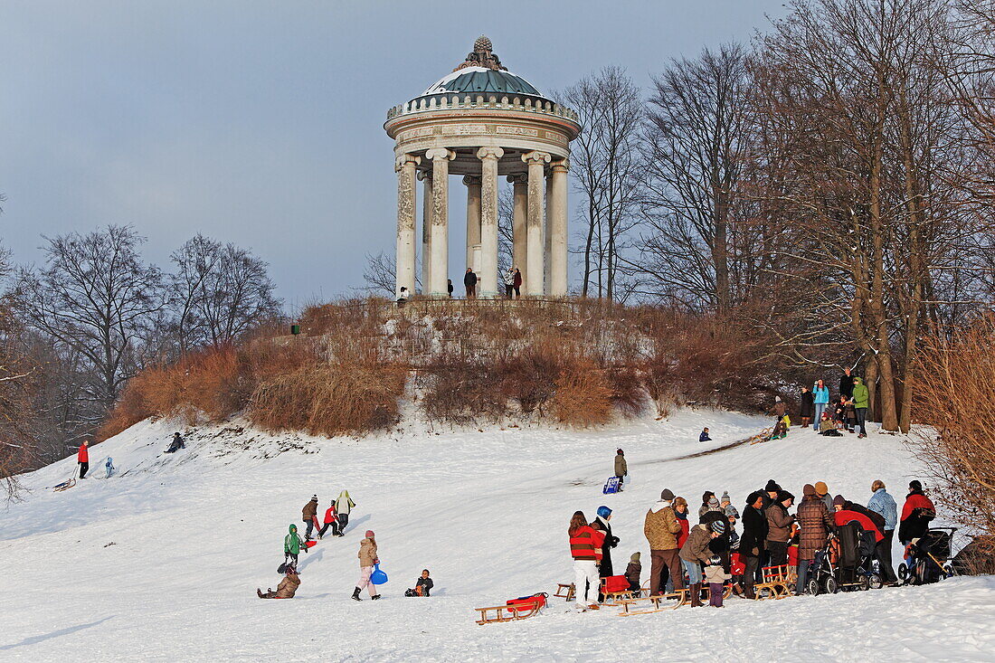 Schlittenfahren am Monopteros, Englischer Garten, München, Bayern, Deutschland