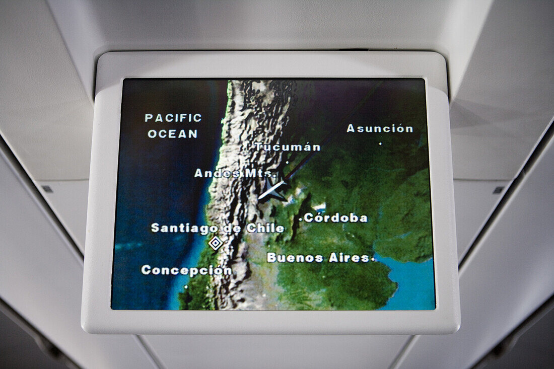 Airshow flight tracking display aboard Lufthansa Airbus A340-600, above Chile, South America, America