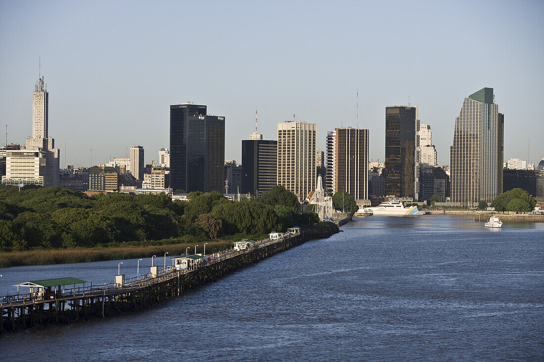 Pier and city skyline, Buenos Aires, Argentina, South America, America