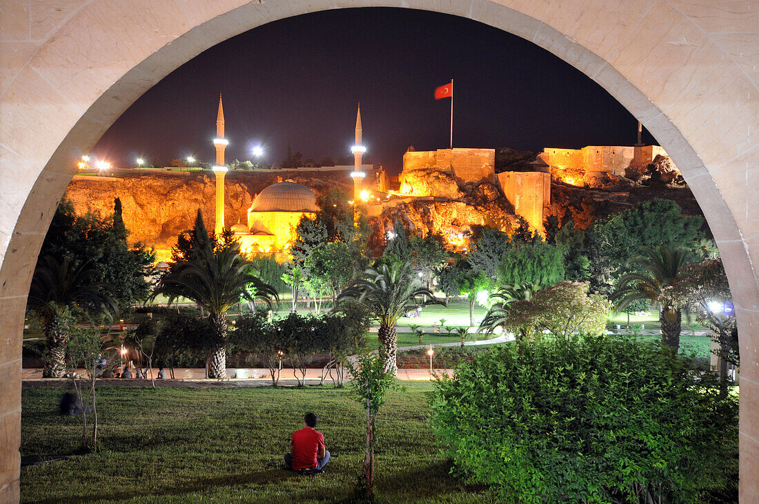 view on the Citdel at night, Sanliurfa, southeast-Anatolia, Turkey