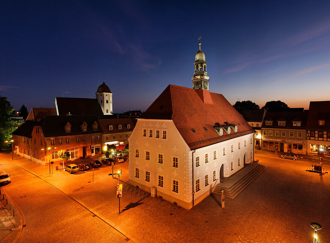 Market square with town hall and town church at night, Finsterwalde, Land Brandenburg, Germany