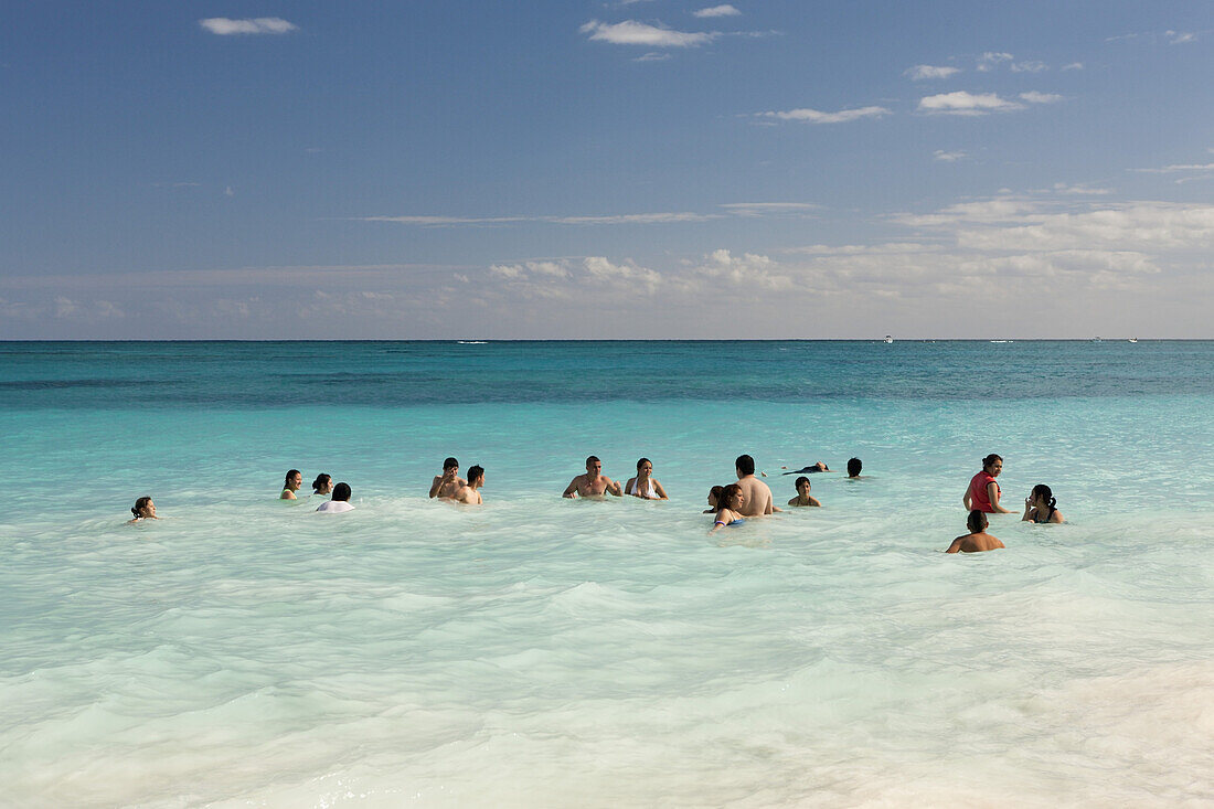 Tourist at Beach of Maya Ruines of Tulum, Riviera Maya, Yucatan Peninsula, Caribbean Sea, Mexico