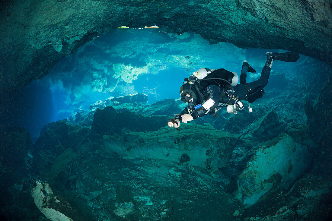 Cave Diver in Chac Mool Cenote, Playa del Carmen, Yucatan Peninsula, Mexico