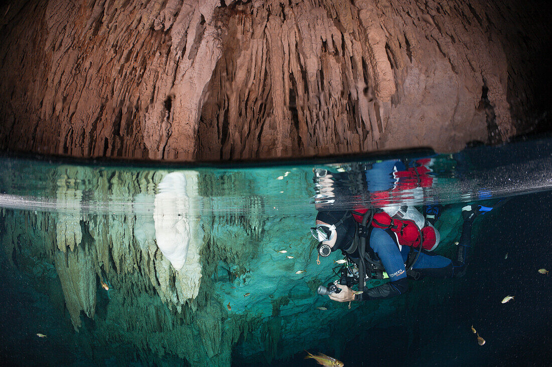 Scuba diver in Bat Cave Cenote, Playa del Carmen, Yucatan Peninsula, Mexico