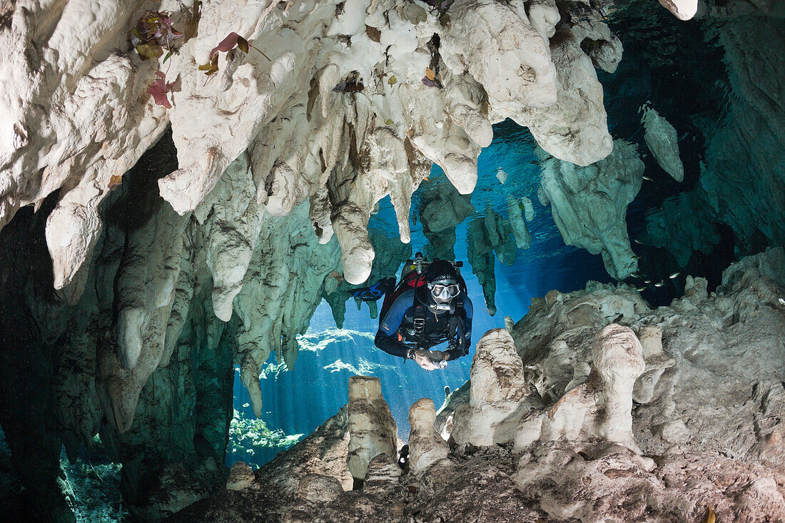 Scuba Diver in Gran Cenote, Tulum, Yucatan Peninsula, Mexico