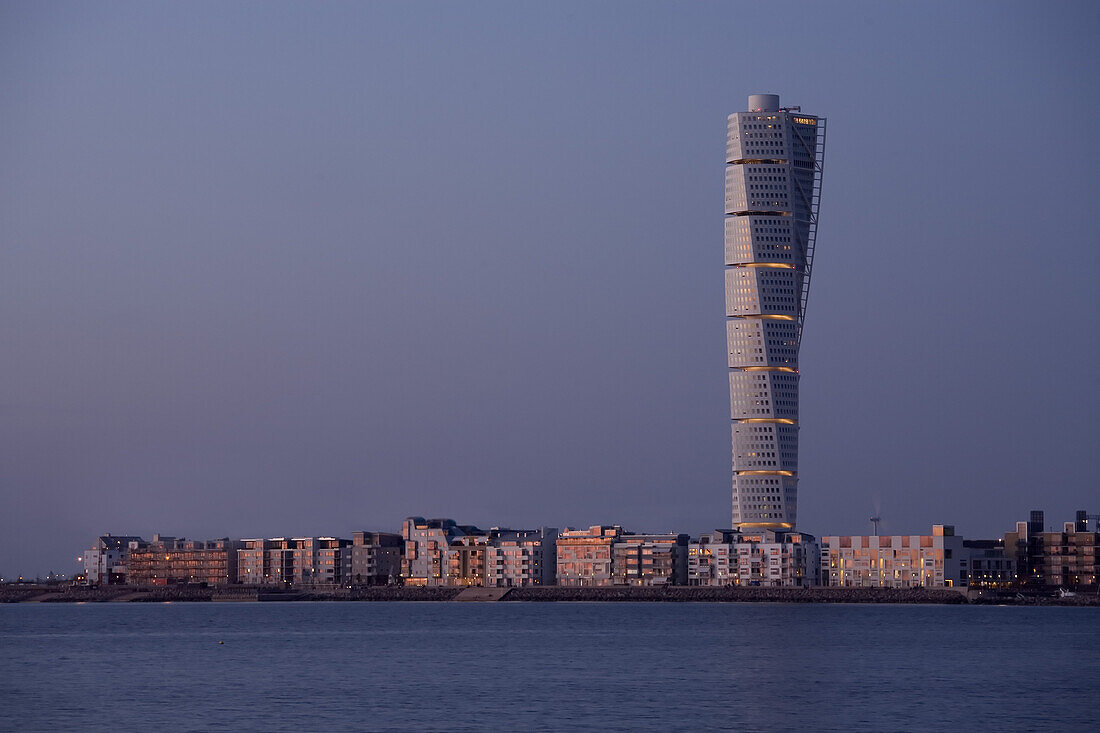 View of the Turning Torso tower in the evening, Malmo, Scania, Sweden, Europe