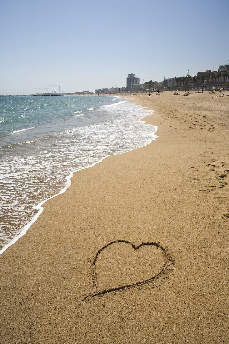 Heart in the sand, sandy beach of Barcelona, Barcelona, Catalonia, Spain, Europe