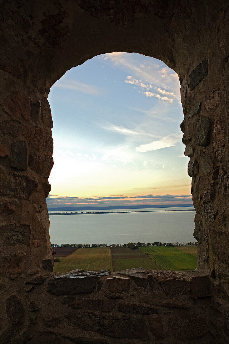 View out of window of Brahe castle ruins, Oeresund, Scania, Sweden, Europe