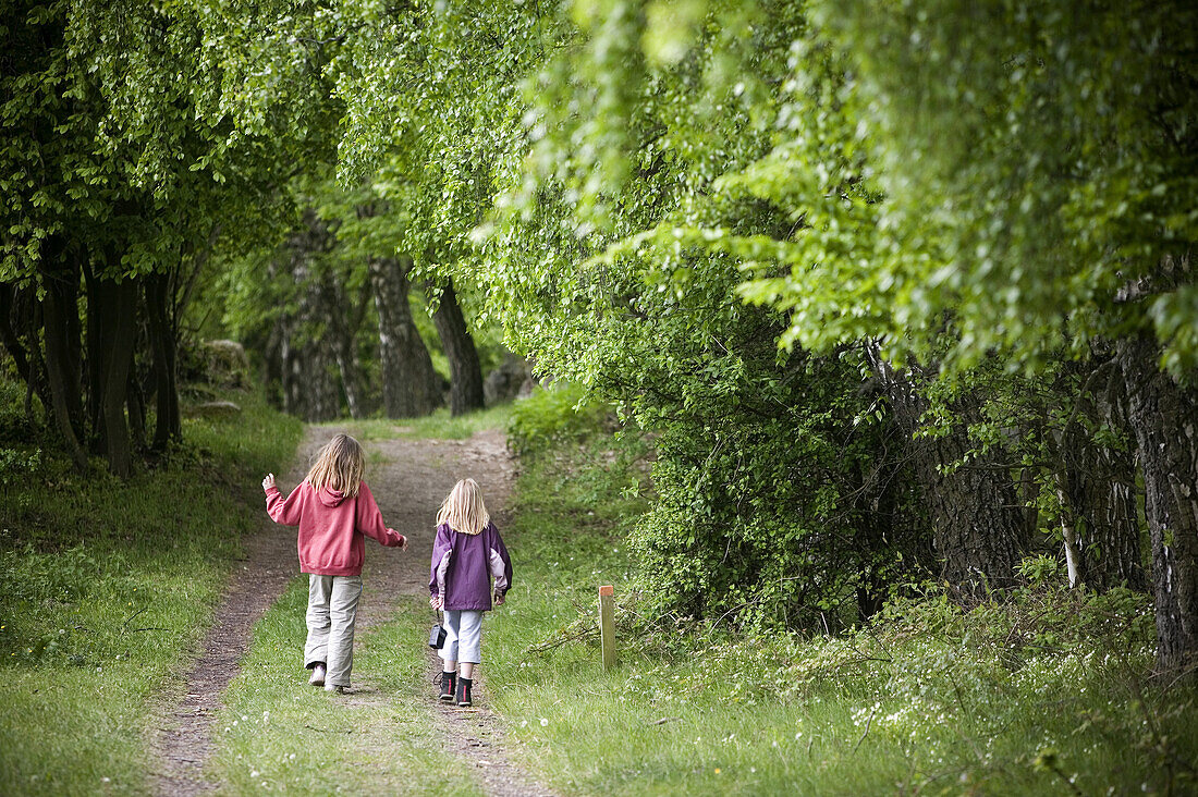 Two girls are walking on a gravel path in the forest