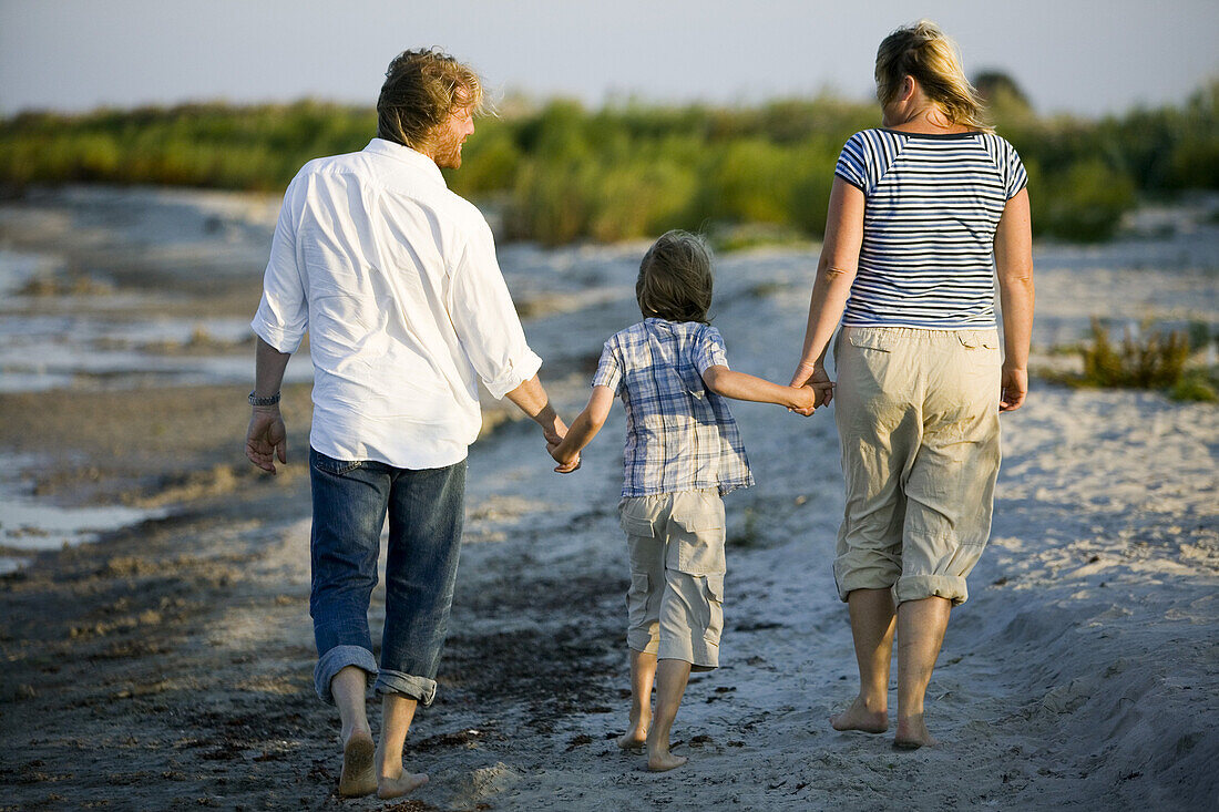 Family walks on the beach