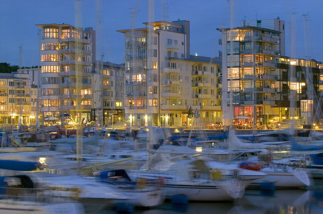 Boats in the harbour  (Norra hamnen) by night, Helsingborg, Skåne, Sweden