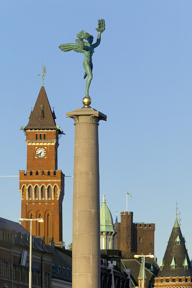 Statue and steeple, Helsingborg, Skane, Sweden