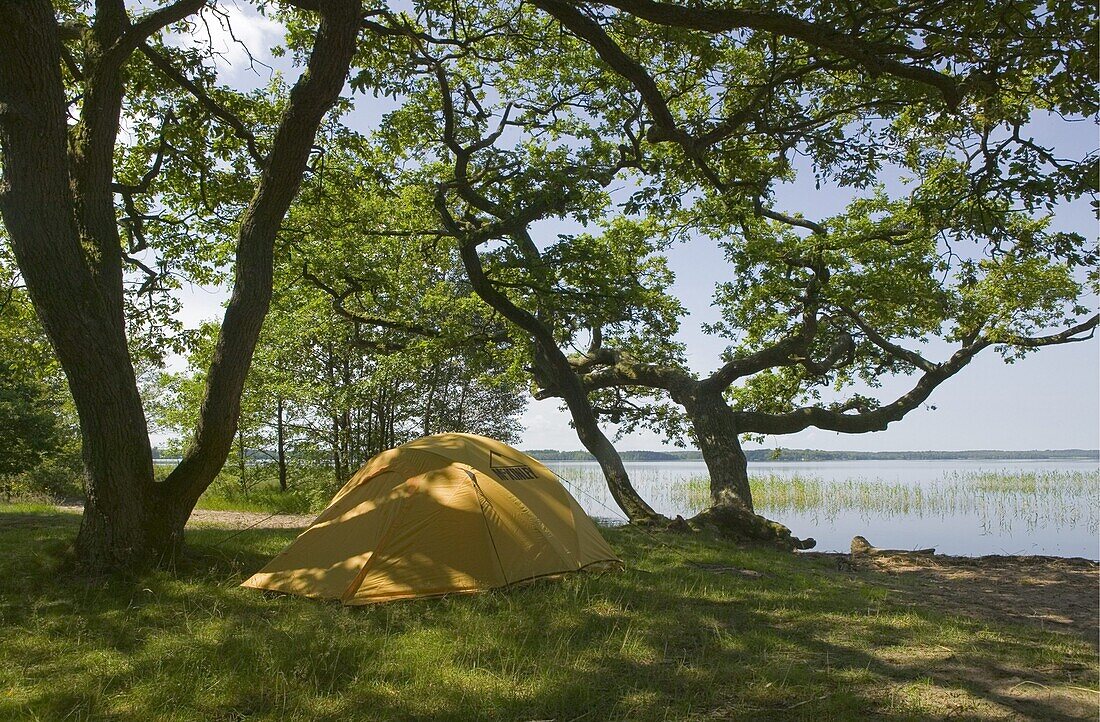 Yellow tent at Västersjön, Ängelholm, Skåne, Sweden