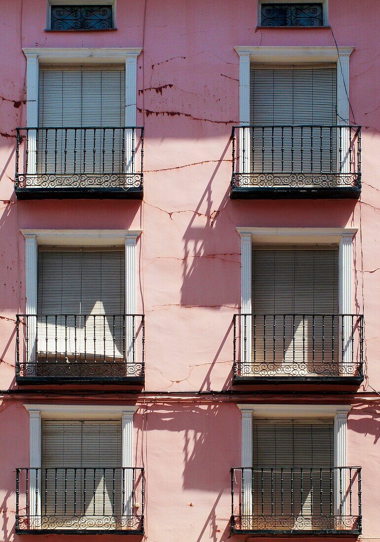 Balconies, Balcony, Building, Color, Construction, Crack, Old, Pink, Town, Vertical, Window, Windows, L55-965327, agefotostock 
