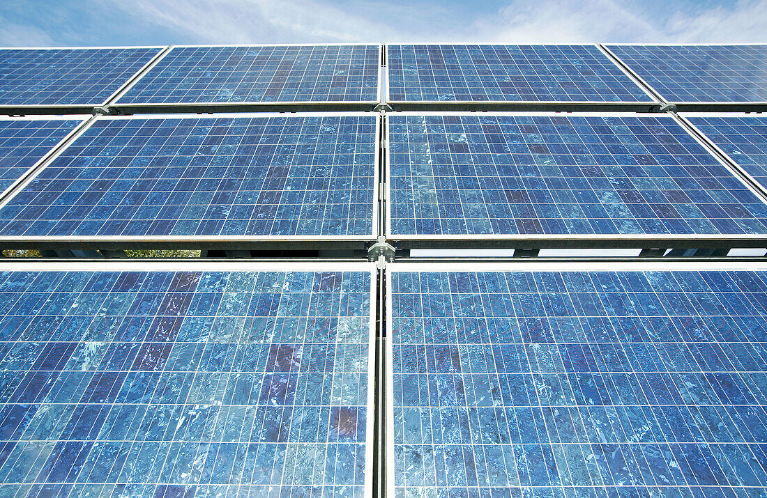 Alternative energies, Alternative energy, Blue, Color, Colour, Daytime, Ecology, Environment, exterior, From below, Low angle, Low angle view, outdoor, outdoors, outside, Renewable energy, Solar panel, Solar panels, Solar power, Sunny, Surface, Surfaces, 