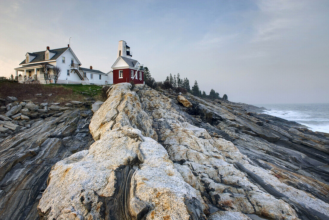 Pemaquid Point Lighthouse on striated metamorphic rocks of Pemaquid Point, Bristol Maine