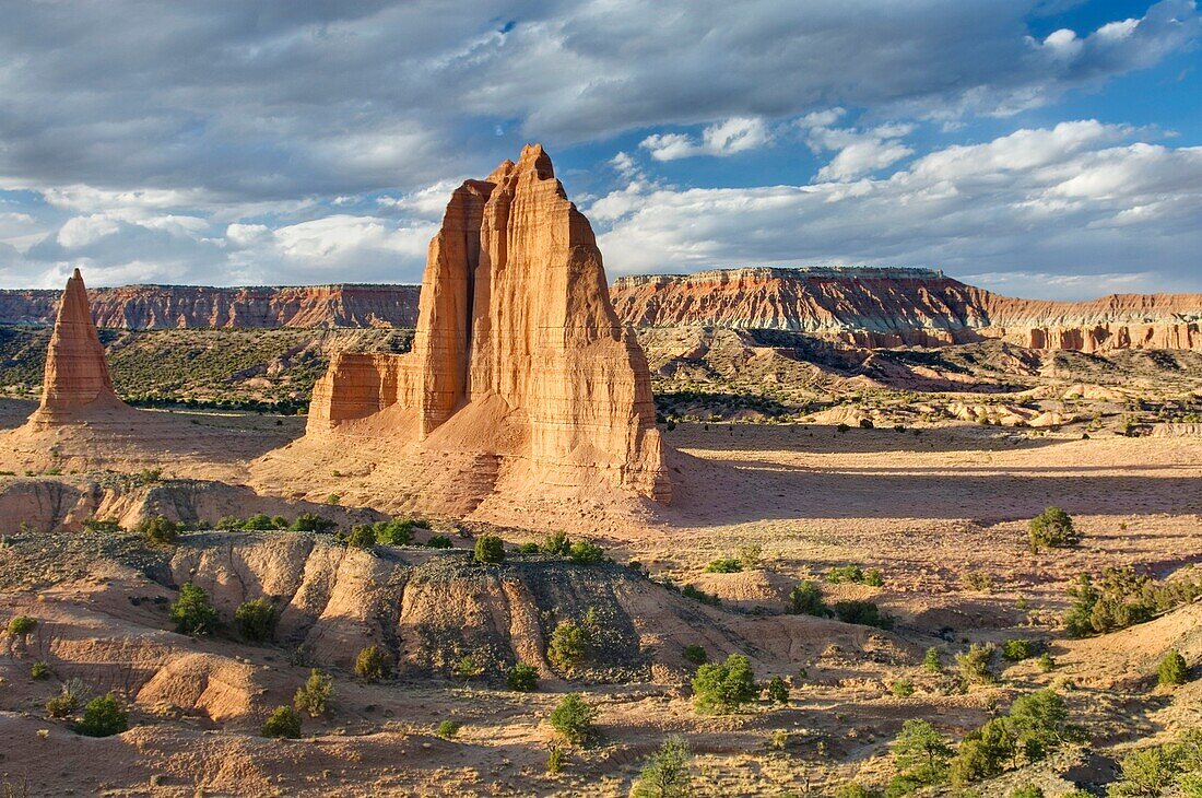 Sandstone Monoliths of the Upper Cathedral Valley in evening light, Capitol Reef National Park Utah