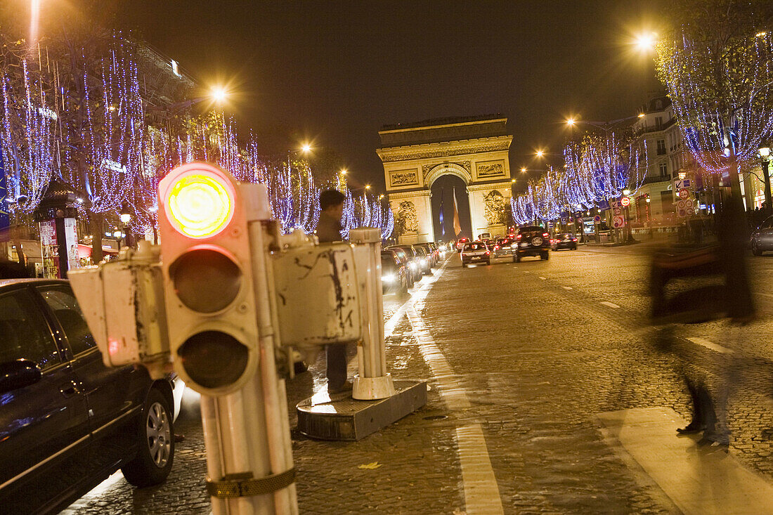 Arch de Triomphe and Rue des Champs Elysees during Christmas time, Paris, France
