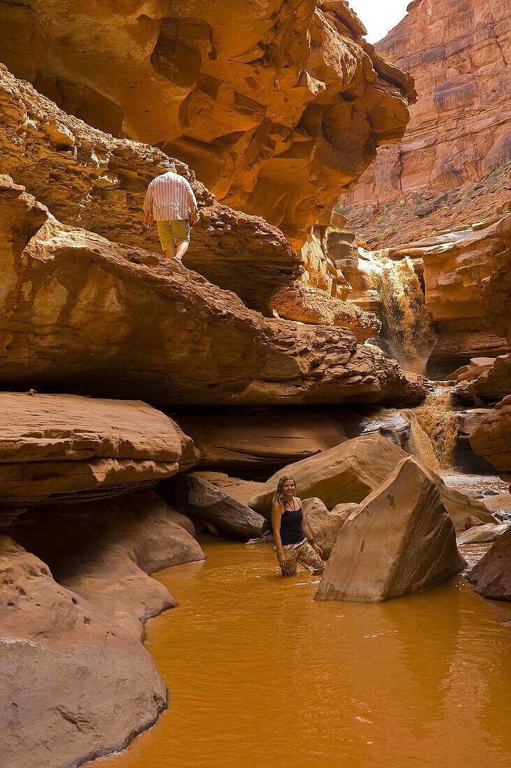 Hiking to Indian Creek waterfall on a Wilderness River Adventures motorized pontoon rafting trip down the Meander Canyon section of the Colorado River in Canyonlands National Park, Utah, USA