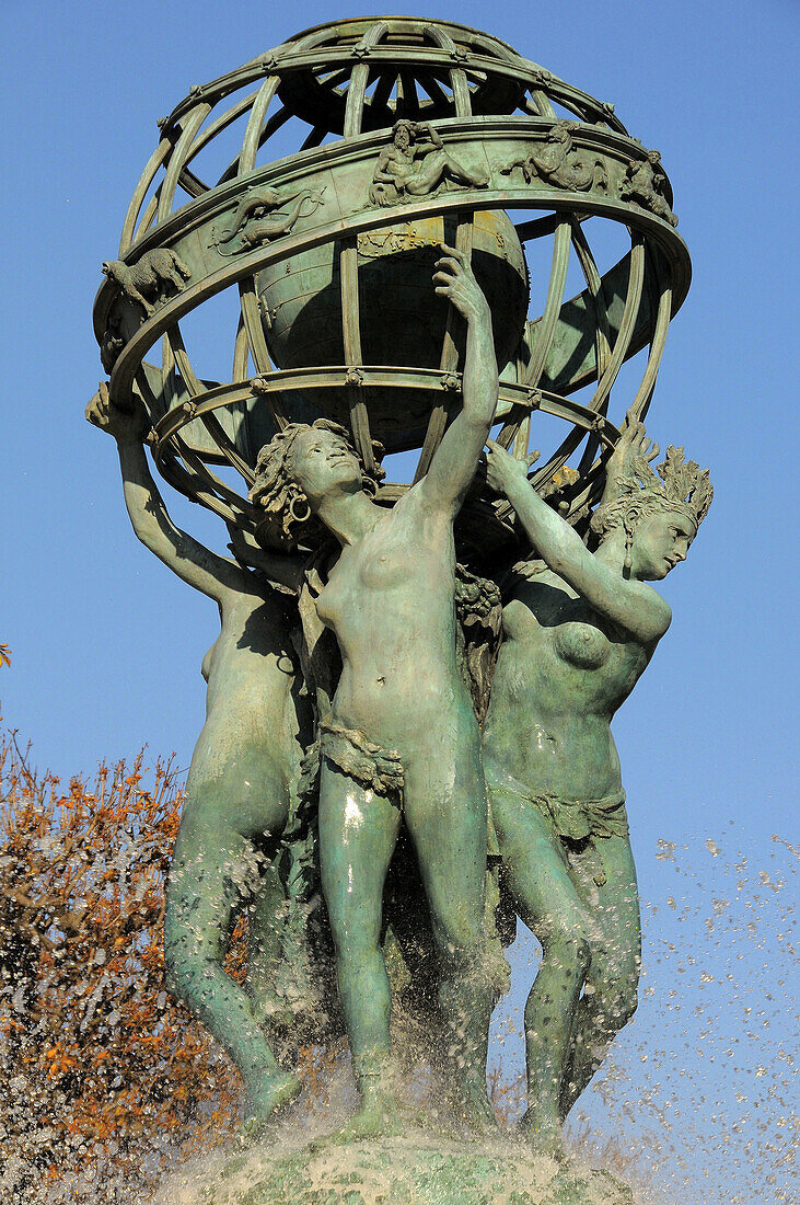 Armillary with interior globe and zodiac band carved by Pierre Legrain, Fountain of the Observatory, Jardins du Luxembourg, Paris, France