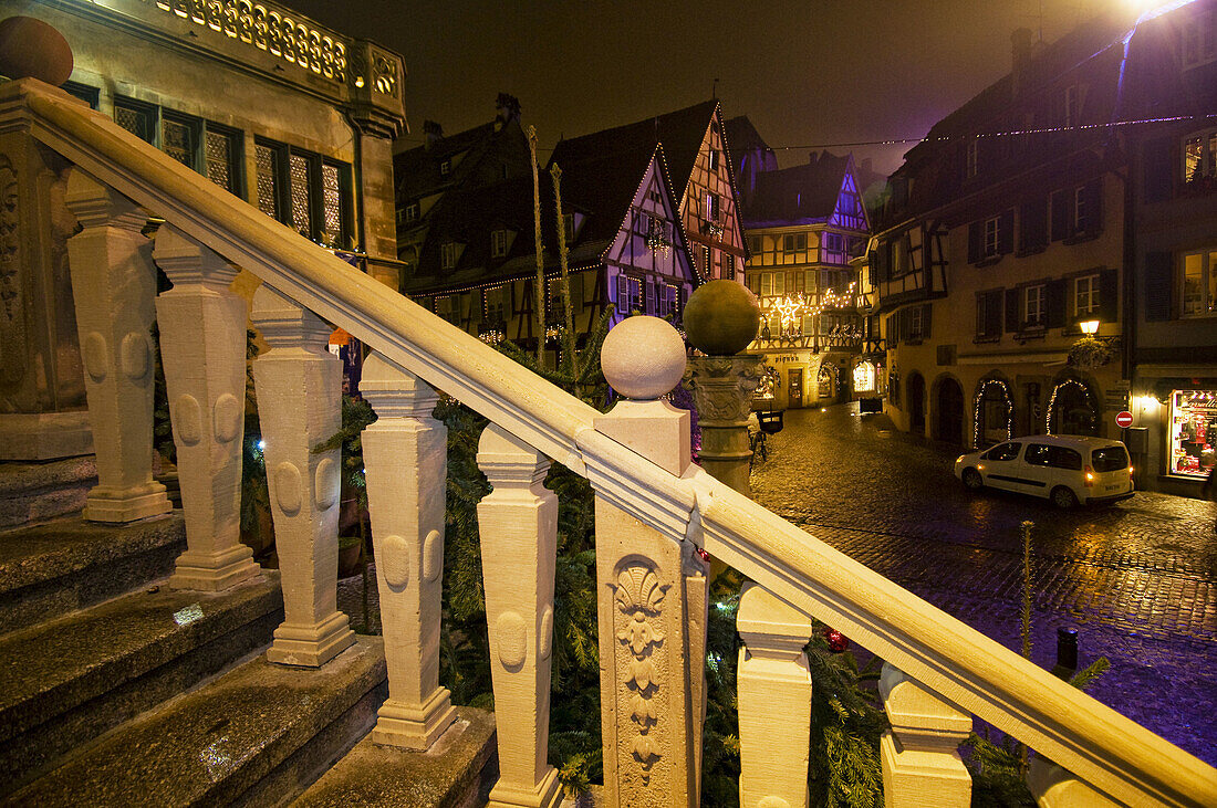 Collmar, staircase of the old custom office, Koifhus, rue des Marchands, frame houses, illumination at christmas time, Alsace, France