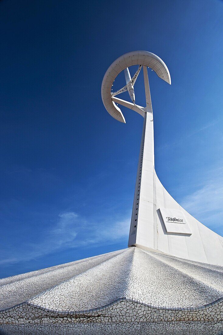 Spain, Cataluna, Barcelona, Santa Eulalia, Sants Montjuic, view of the Telefonica Olympic TV Tower designed by the Architect Santiago Calatrava