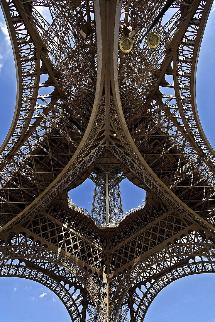 France, Ile De France, Invalides, Paris 16, View of the underside of the Eiffel Tower by Gustav Eiffel