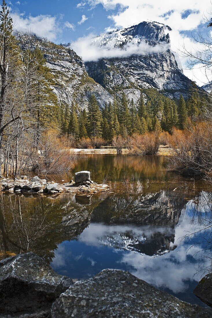 United States of America, California, Yosemite Village, Curry Village, Yosemite National Park, Basket Dome reflection in the water of Mirror Lake, Tenaya Creek