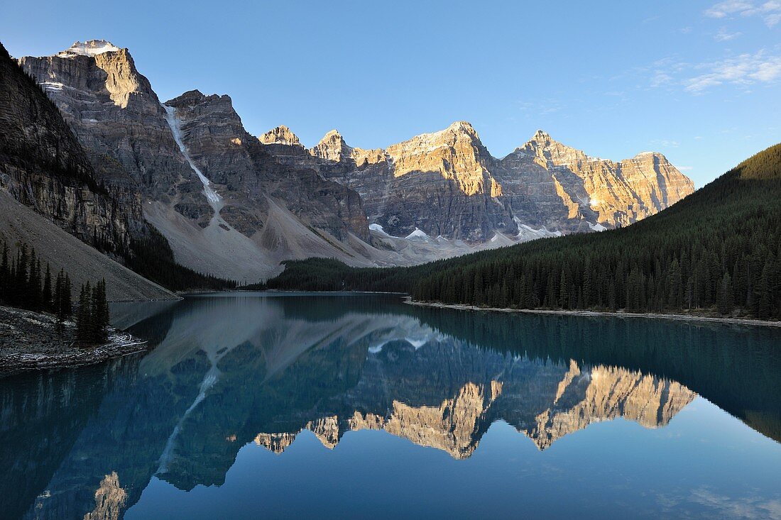 Mountains reflecting in Moraine Lake and the Valley of the ten Peaks, Banff National Park, Rocky Mountains, Alberta, Canada