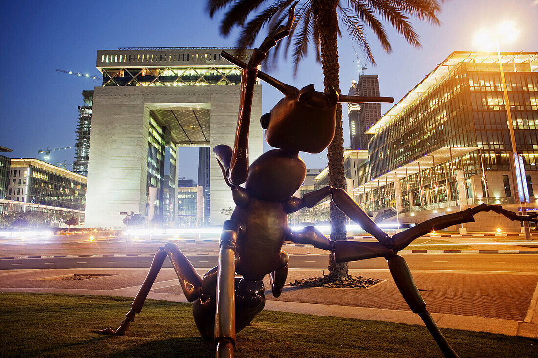 Financial Center at Sheikh Zayed Road with art installation by art dubai at dusk, Dubai, United Arabian Emirates