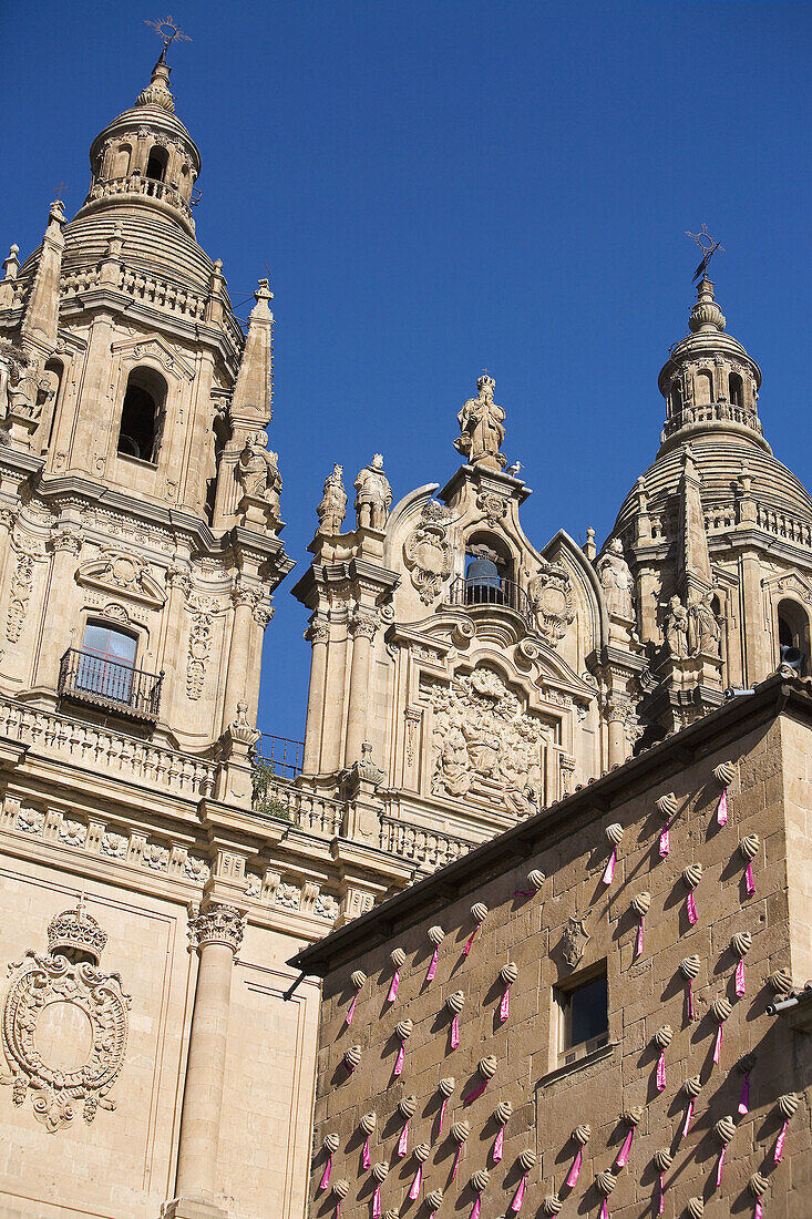 View of the facade of the Casa de las Conchas and Clerecia church, in Salamanca city  Castilla y León  Spain