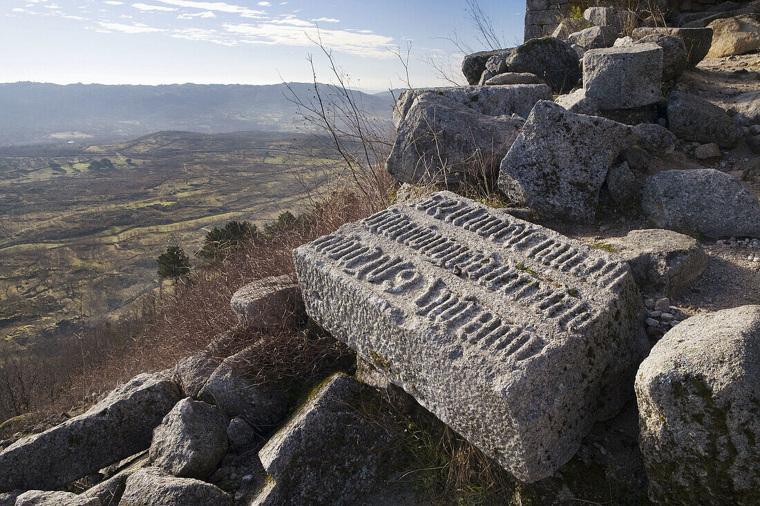 Detail of a stone inscribed of Trevejo Castle  Trevejo  Villamiel  Sierra de Gata  Caceres province  Extremadura  Spain