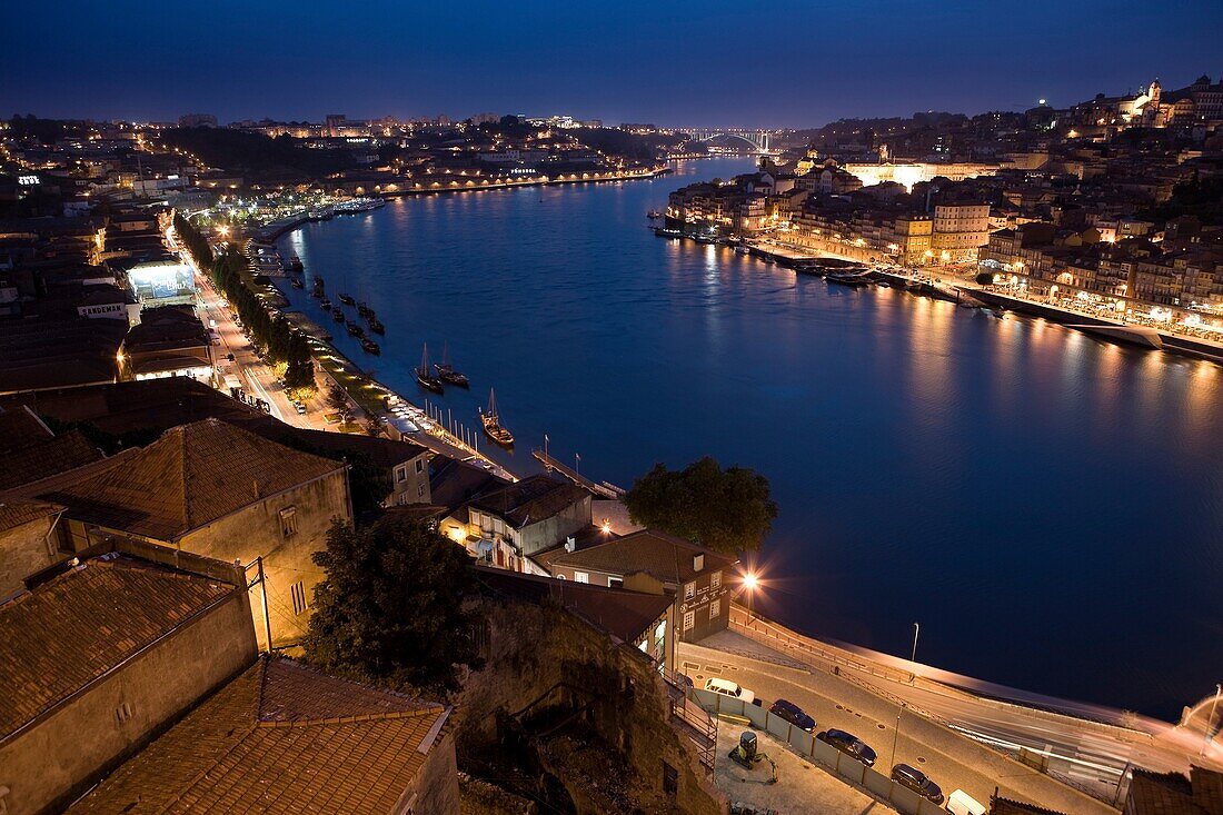 Night view of Oporto city and the Douro river, from Vila Nova de Gaia  World Heritage  Porto, Portugal