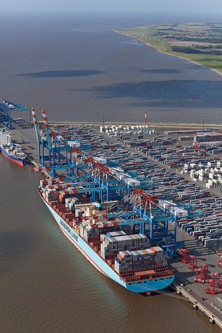 Aerial view of the container port, Containers, loading cranes and ships along the quai, Bremerhaven, northern Germany