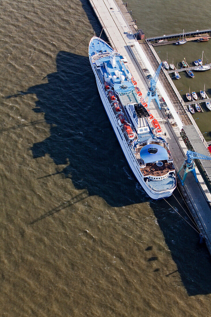 Aerial shot liner at the quay, Cuxhaven, Lower Saxony, Germany