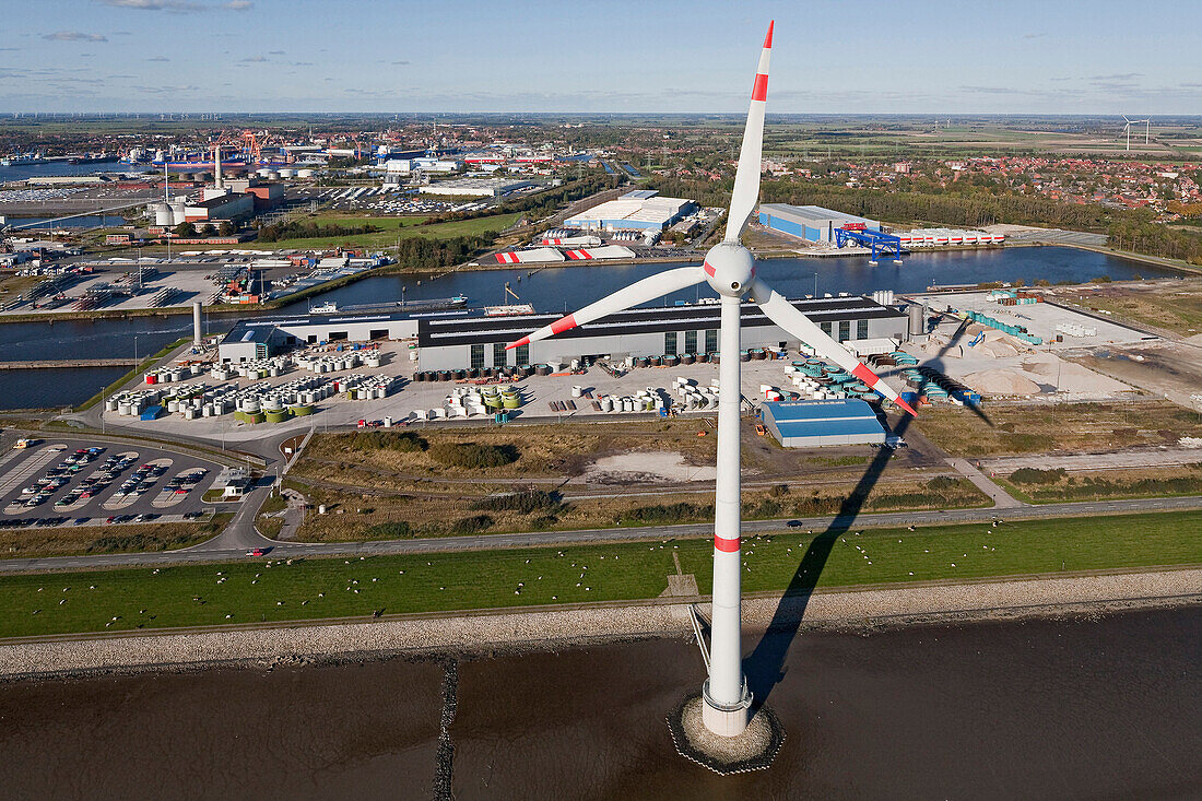 Wind turbine at harbor, Emden, Lower Saxony, Germany